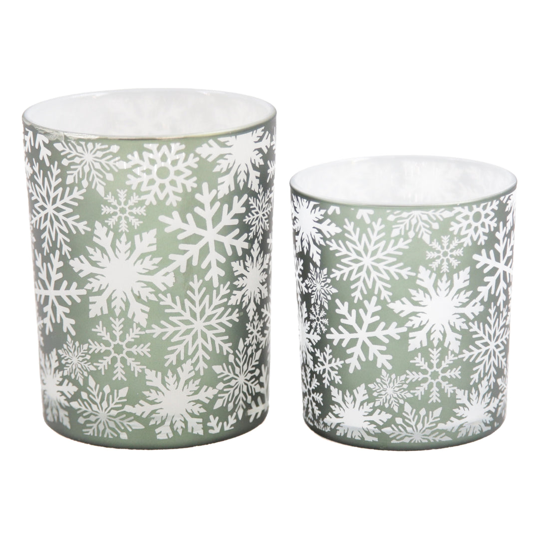 Green Snowflake Glass Candle Holders, Set of 2