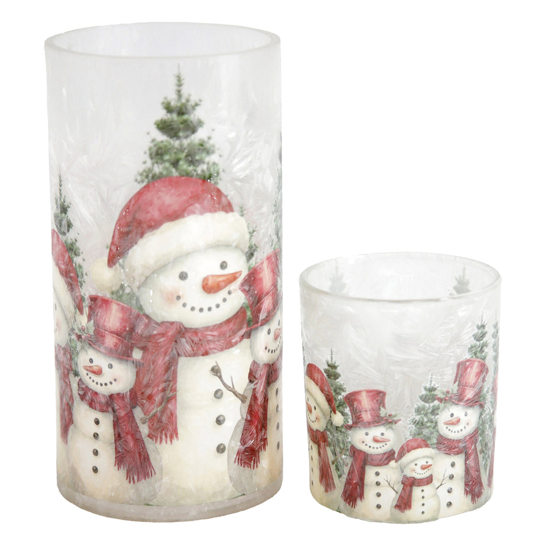 Crimson Snowman Glass Candle Holders, Set of 2