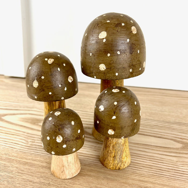 Brown Polka Dot Wooden Mushrooms, 4 sizes available