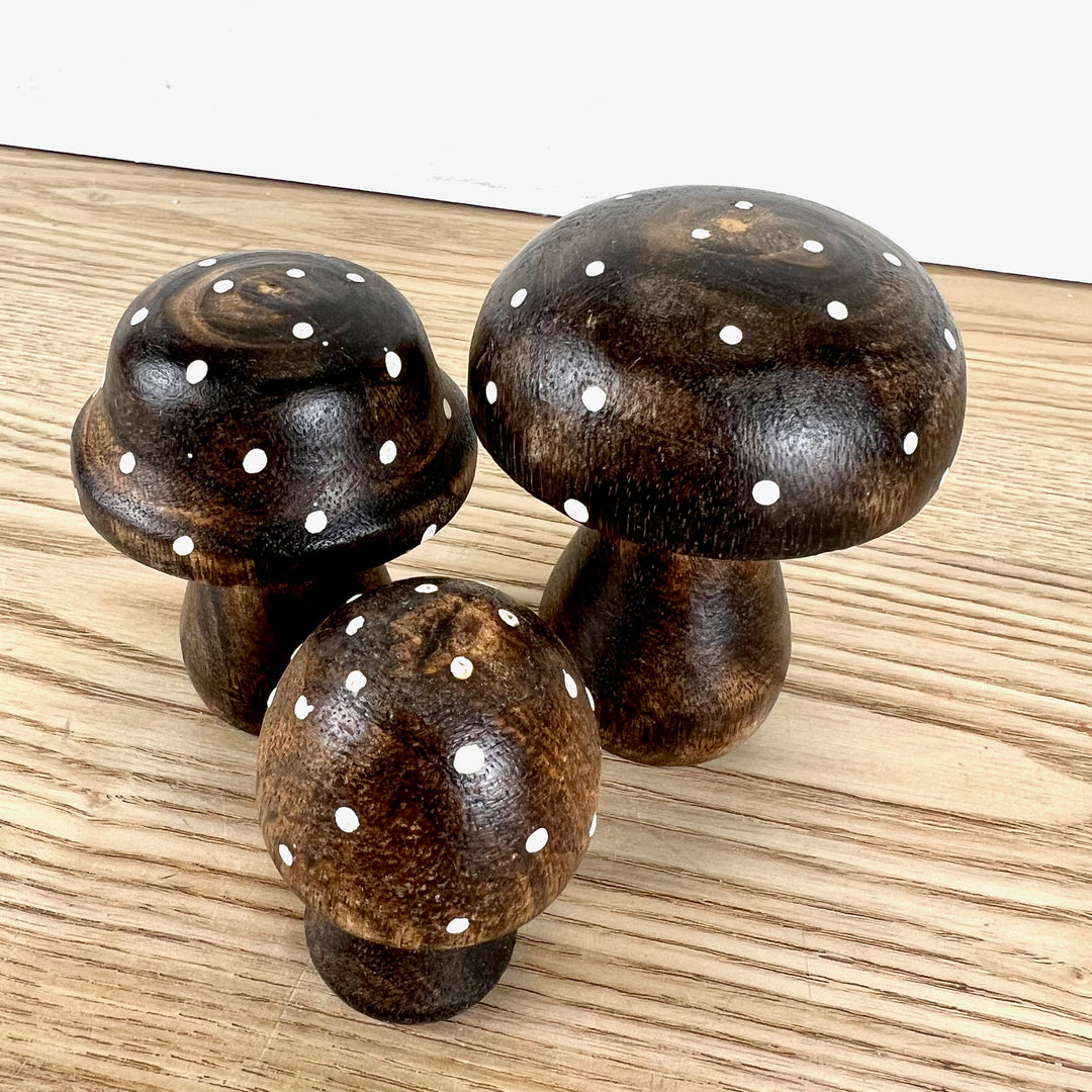 Brown Polka Dot Wooden Mushrooms, 3 sizes available