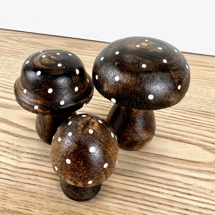 Brown Polka Dot Wooden Mushrooms, 3 sizes available