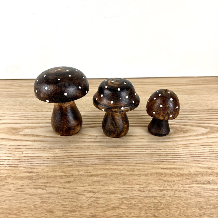 Brown Polka Dot Wooden Mushrooms, 3 sizes available