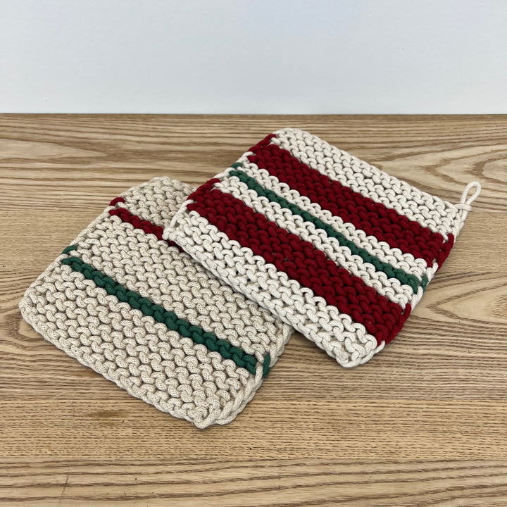 Crochet Red & Green Stripe Pot Holder - Set of 2