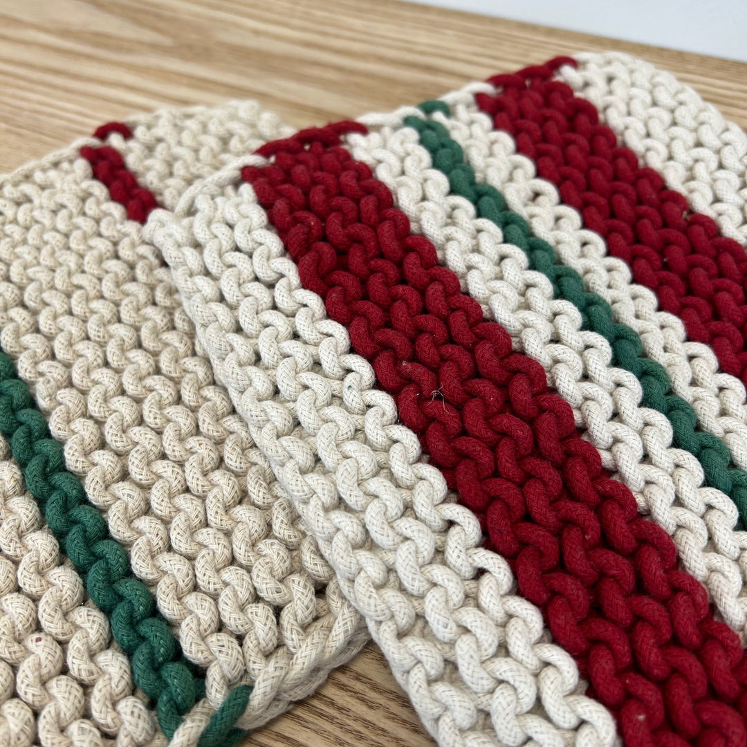 Crochet Red & Green Stripe Pot Holder - Set of 2