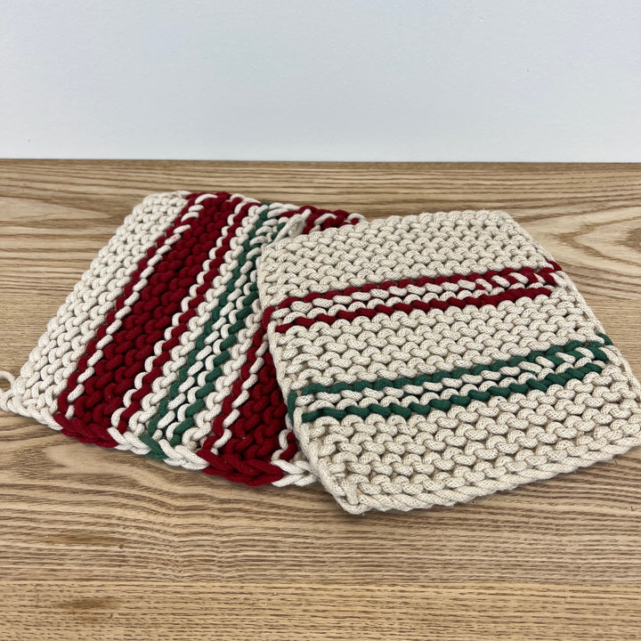 Crochet Red & Green Stripe Pot Holder - Set of 2