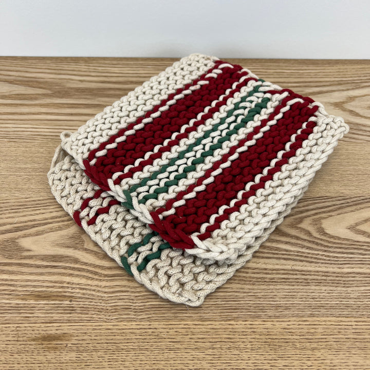 Crochet Red & Green Stripe Pot Holder - Set of 2