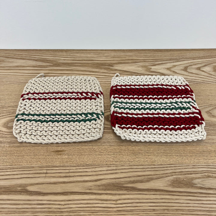 Crochet Red & Green Stripe Pot Holder - Set of 2