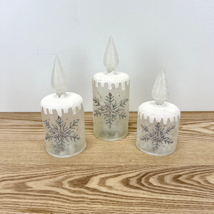 Lighted Holiday Glass Candles - Set of 3