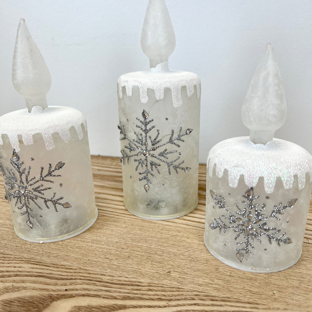 Lighted Holiday Glass Candles - Set of 3