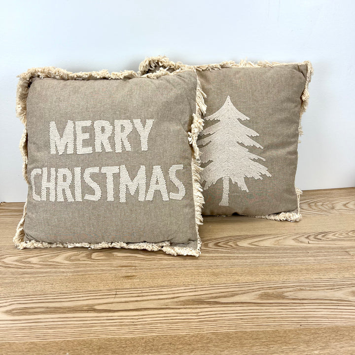 Neutral Fabric Christmas Pillows with Fringe - 2 Styles
