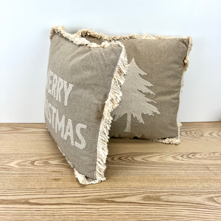 Neutral Fabric Christmas Pillows with Fringe - 2 Styles