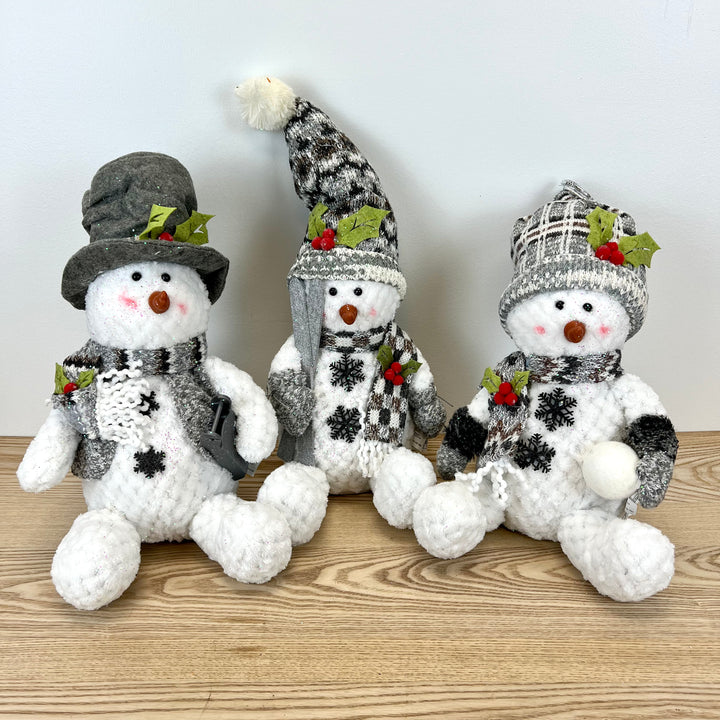 Gray Plush Holiday Sitting Snowman - 3 Styles