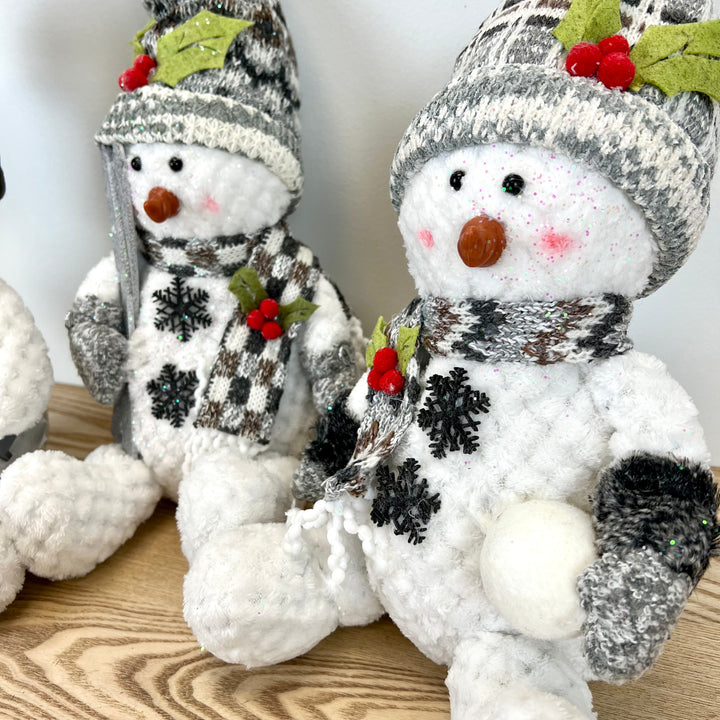Gray Plush Holiday Sitting Snowman - 3 Styles