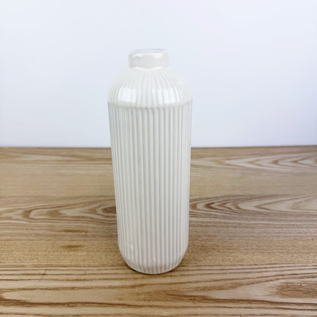 Tall White Line Engraved Ceramic Vase
