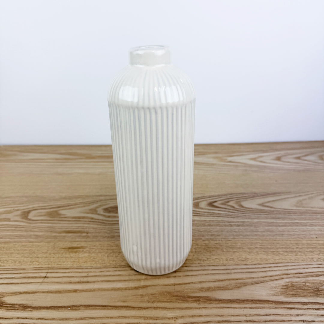 Tall White Line Engraved Ceramic Vase