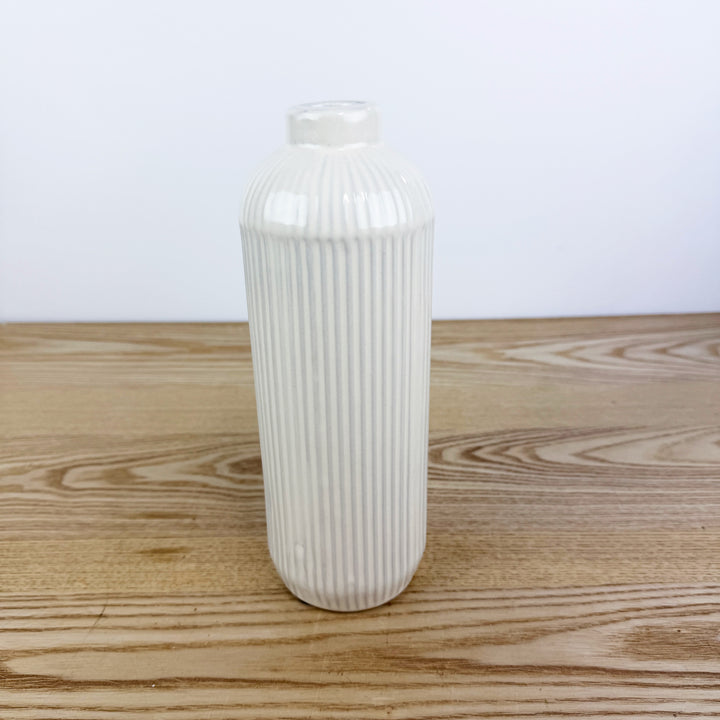 Tall White Line Engraved Ceramic Vase
