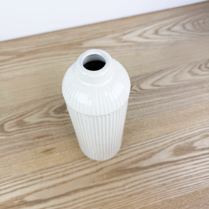 Tall White Line Engraved Ceramic Vase