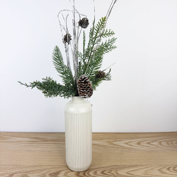 Tall White Line Engraved Ceramic Vase