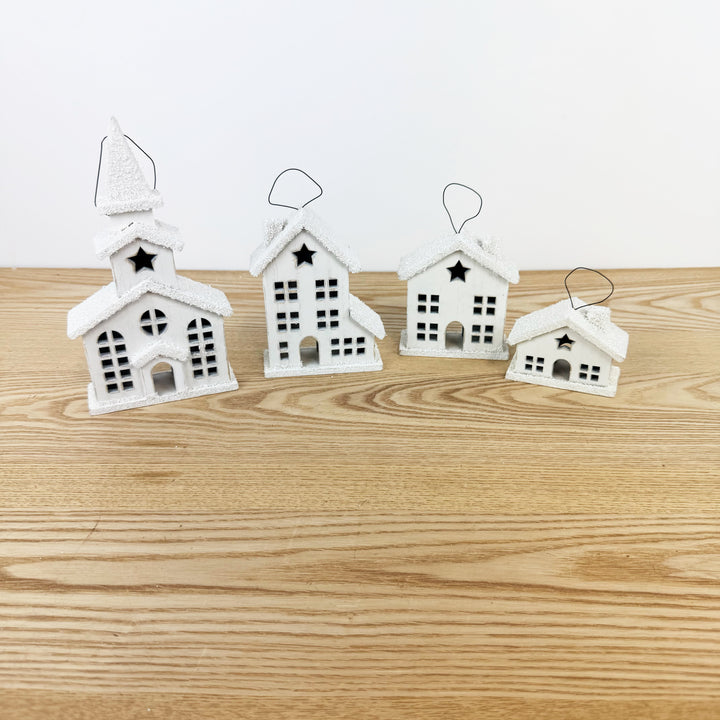 White Village Ornaments, Set of 4