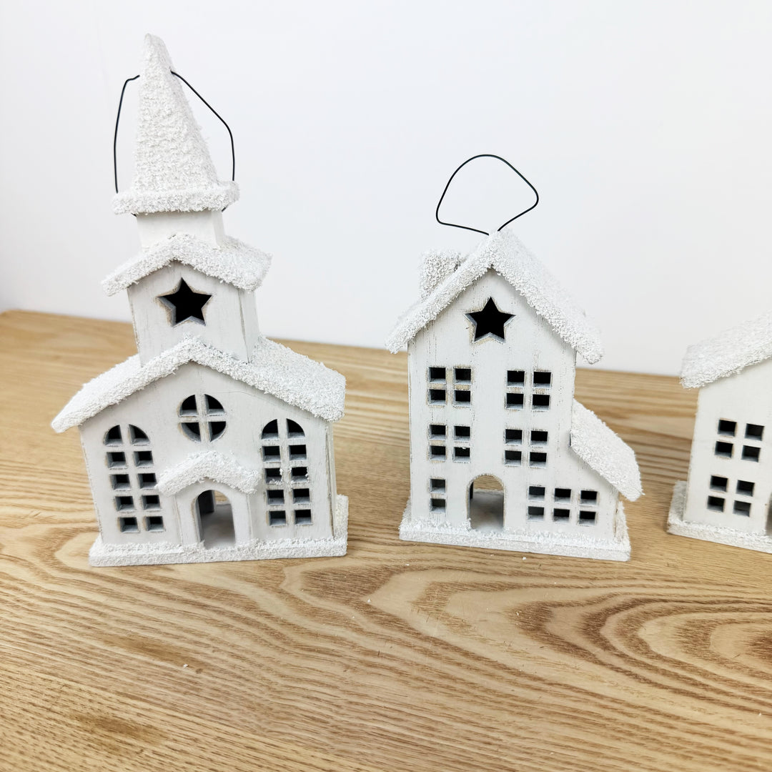 White Village Ornaments, Set of 4