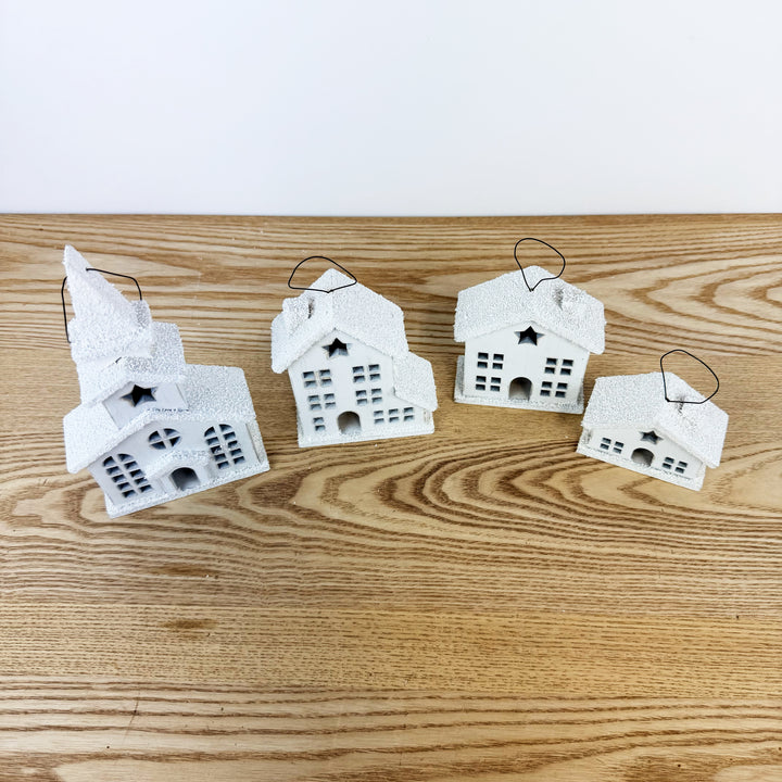 White Village Ornaments, Set of 4