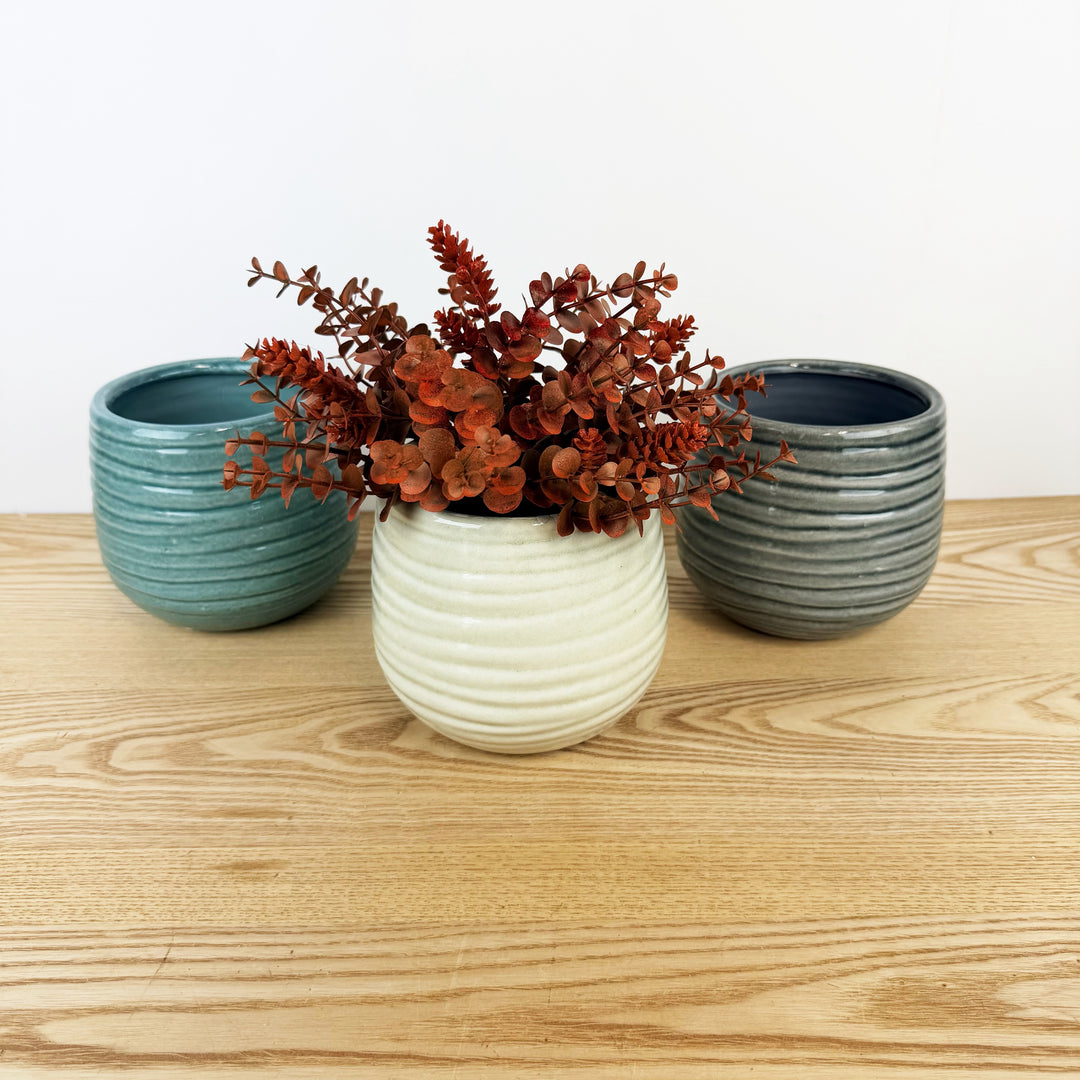 Round Curved Wave Lined Pattern Ceramic Planter - 3 Colors Available