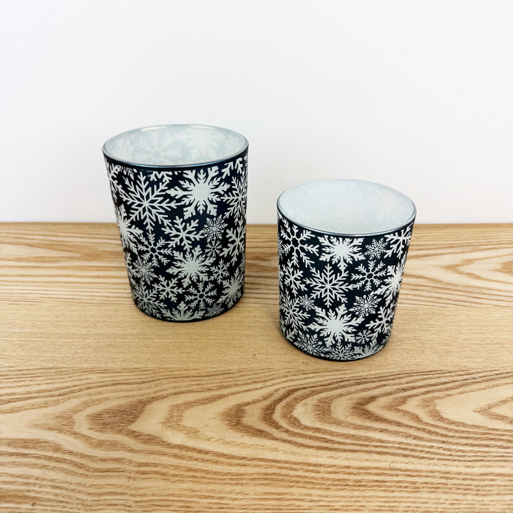 Blue Snowflake Glass Candle Holders, Set of 2