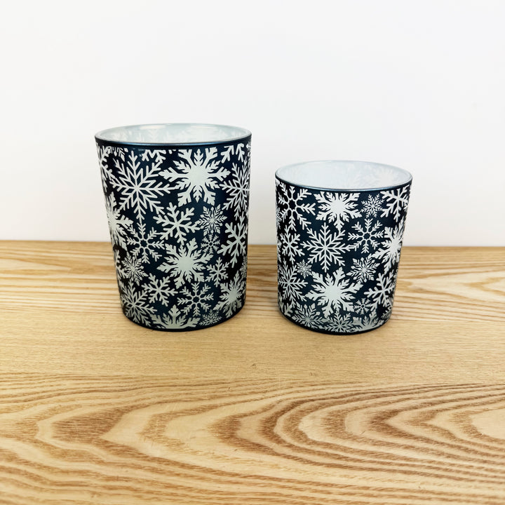 Blue Snowflake Glass Candle Holders, Set of 2