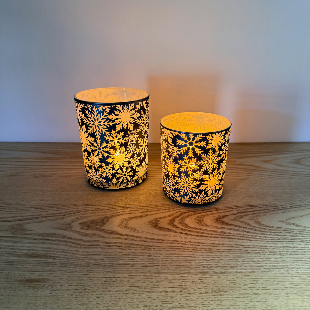 Blue Snowflake Glass Candle Holders, Set of 2