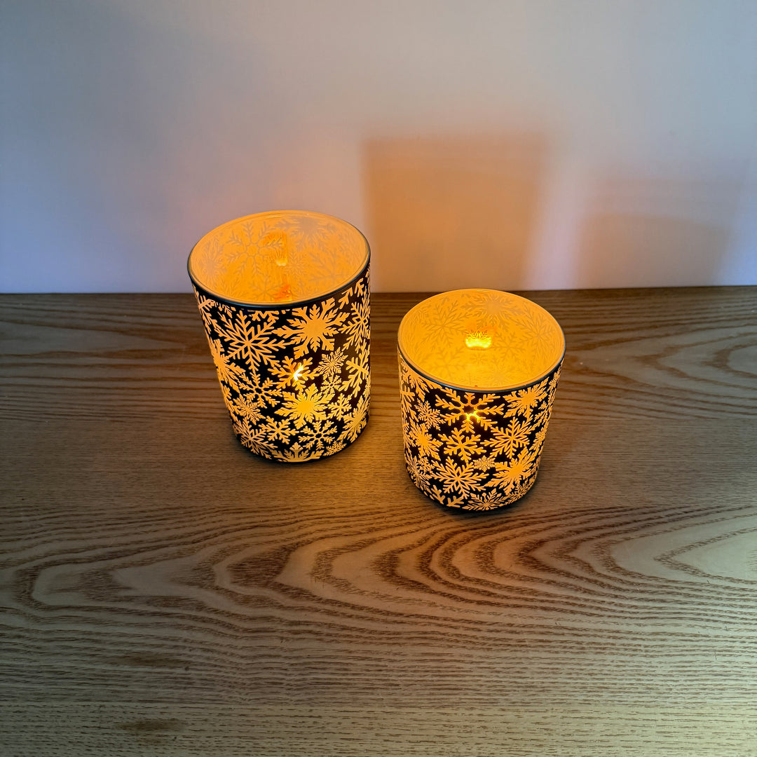 Blue Snowflake Glass Candle Holders, Set of 2