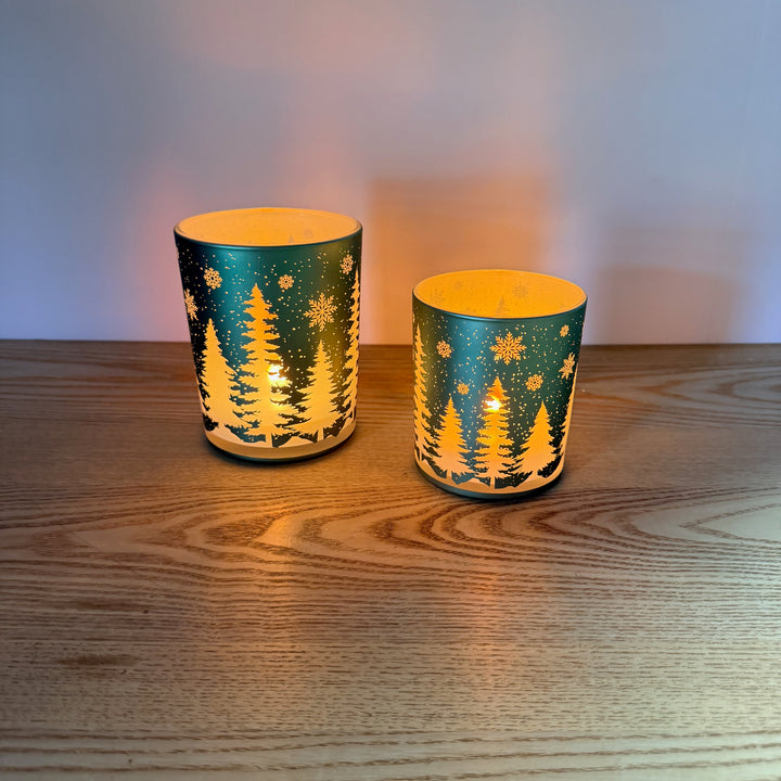Green Forest Glass Candle Holders, Set of 2
