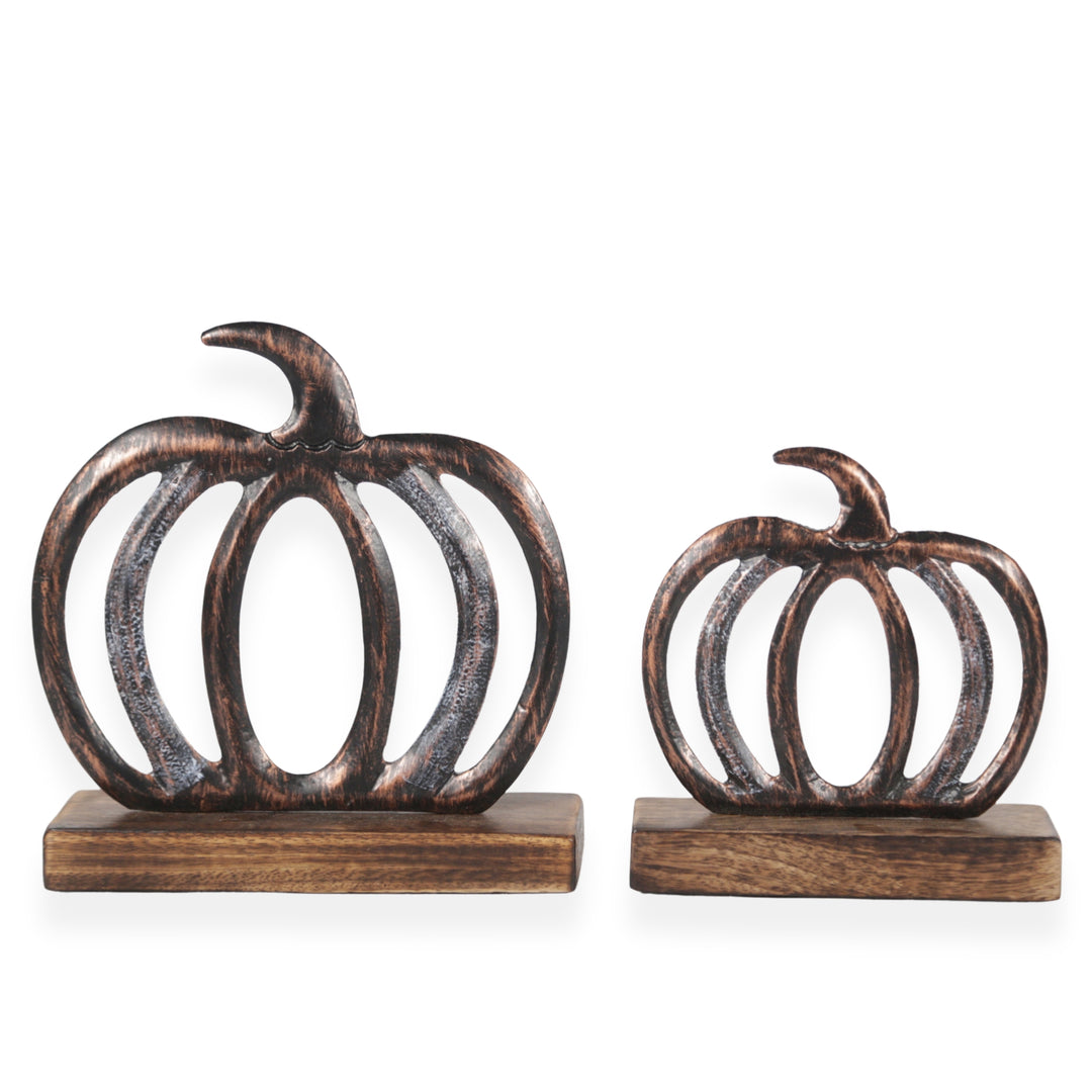 Metal Pumpkins on Wood Stands, 2 sizes