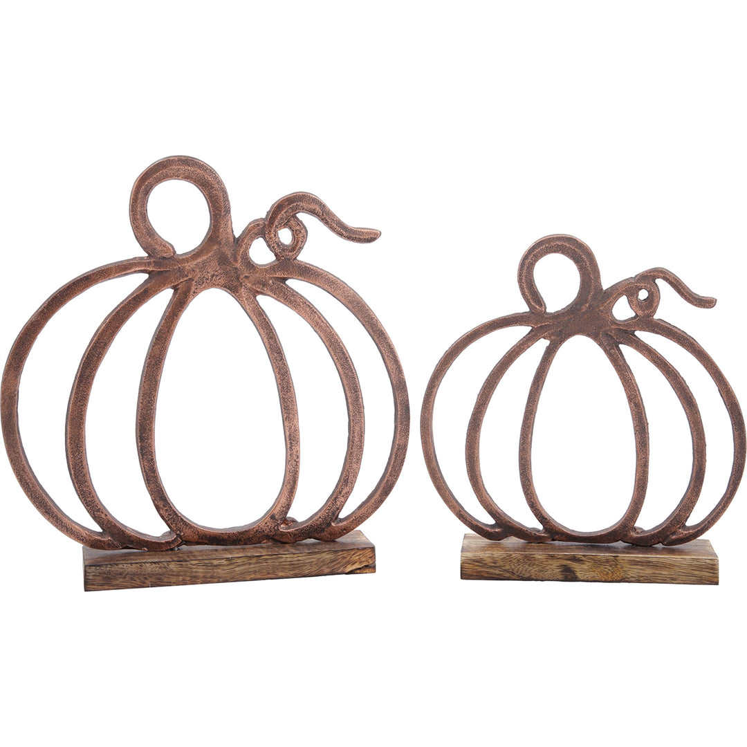 Curly Frame Pumpkin on Wood Stands, Set of 2