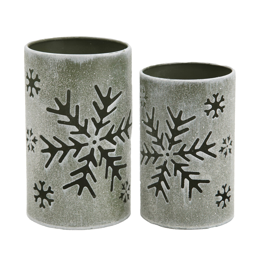 Set Of 2 Green Snowflake Cutout Candle Holders