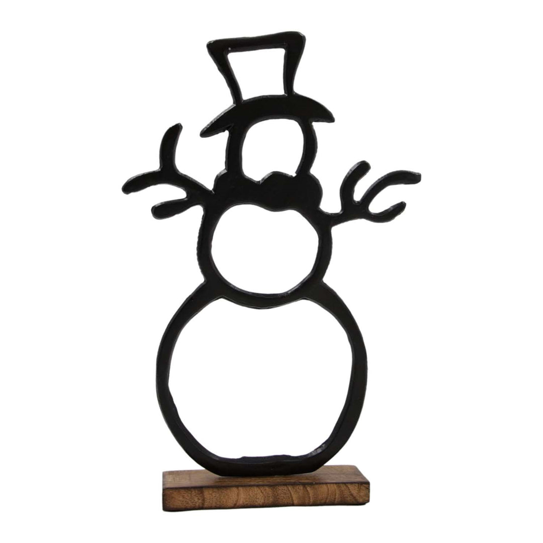 Black Metal Cutout Snowman On Wood Stand