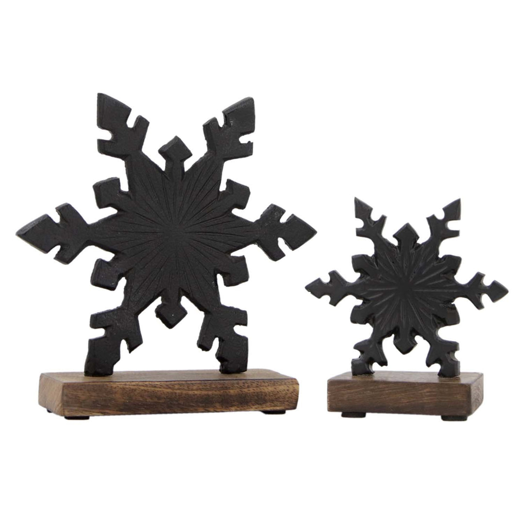 Set Of 2 Black Metal Snowflakes On Wood Stand