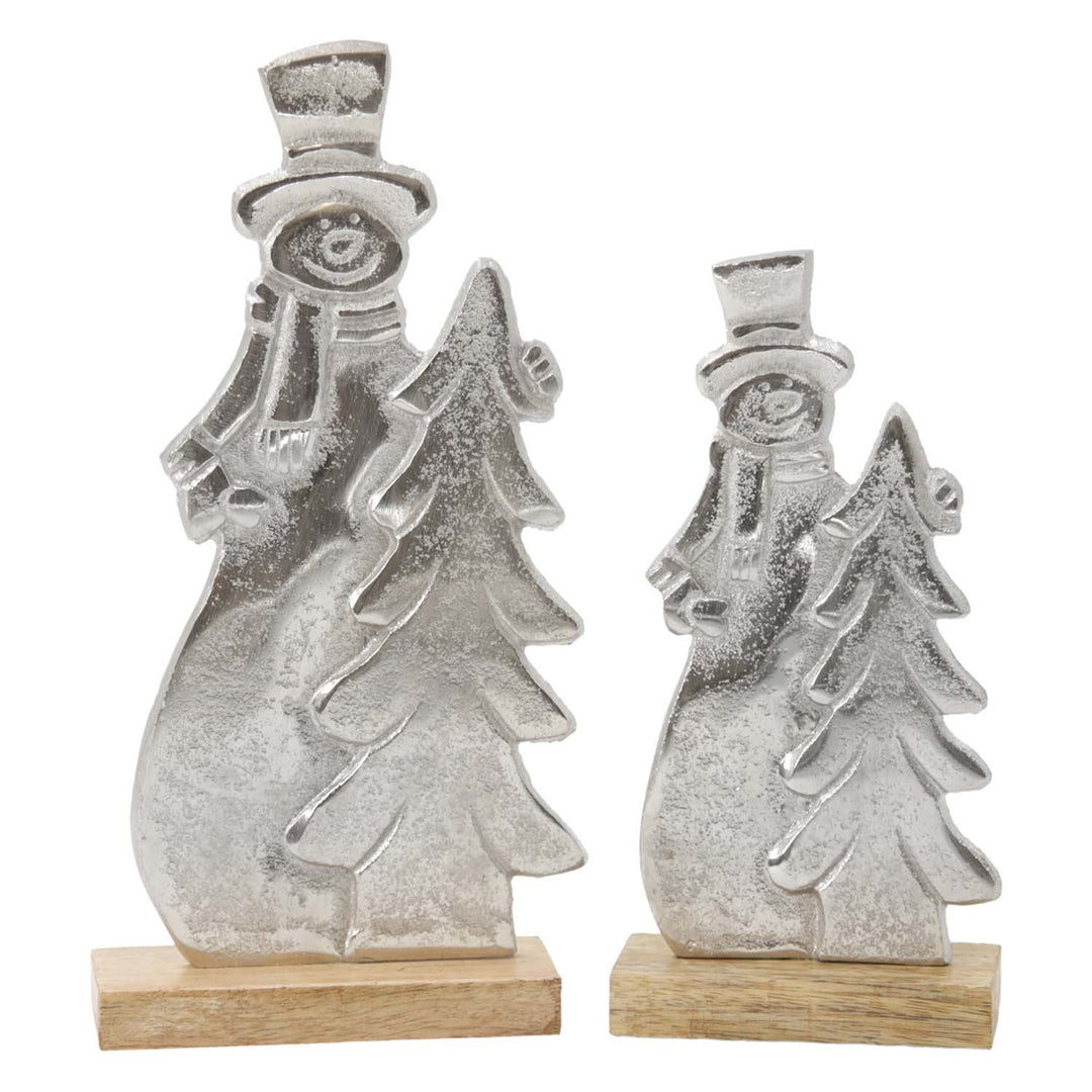 Silver Metal Snowman And Tree On Stands, 2 sizes available