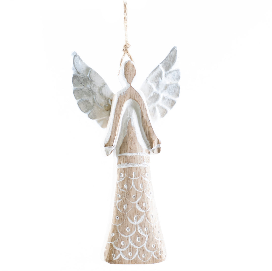 Mango Wood Angel Ornament w/ Metal Wings