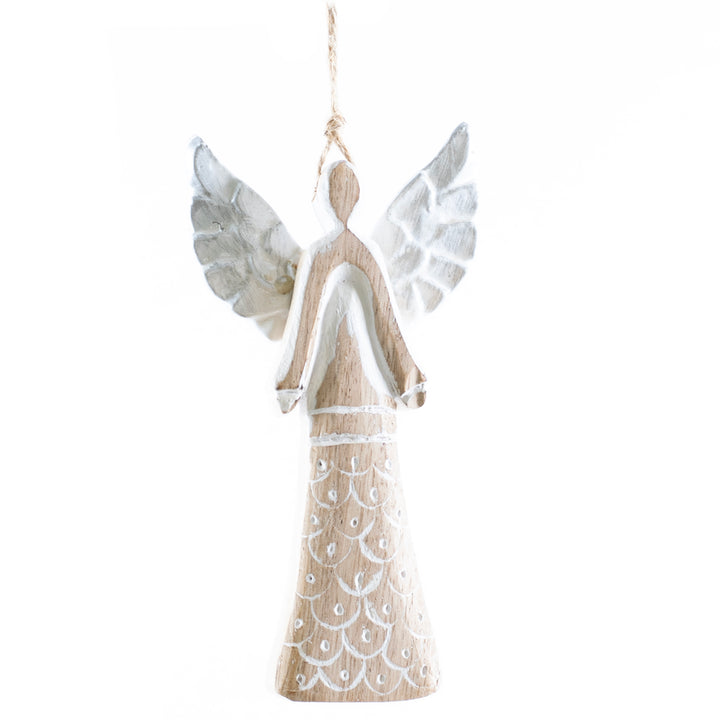 Mango Wood Angel Ornament w/ Metal Wings