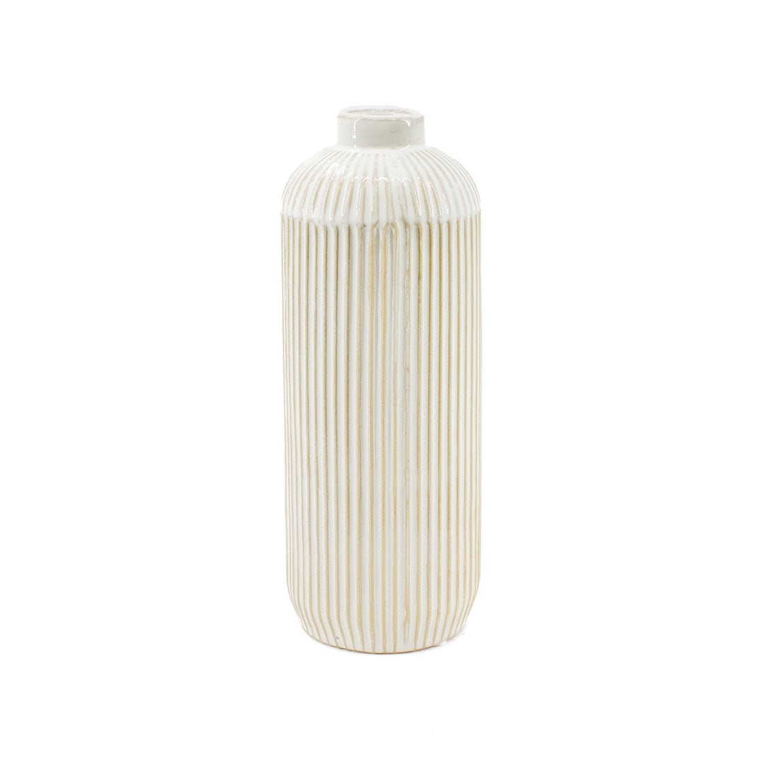 Tall White Line Engraved Ceramic Vase