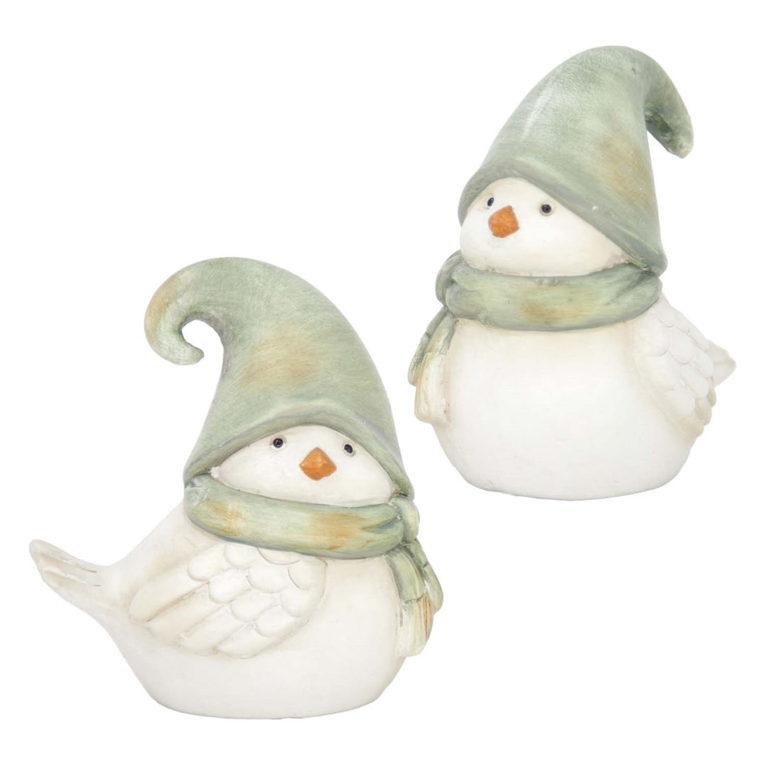 Green Scarf And Hat Resin Birds, Set of 2