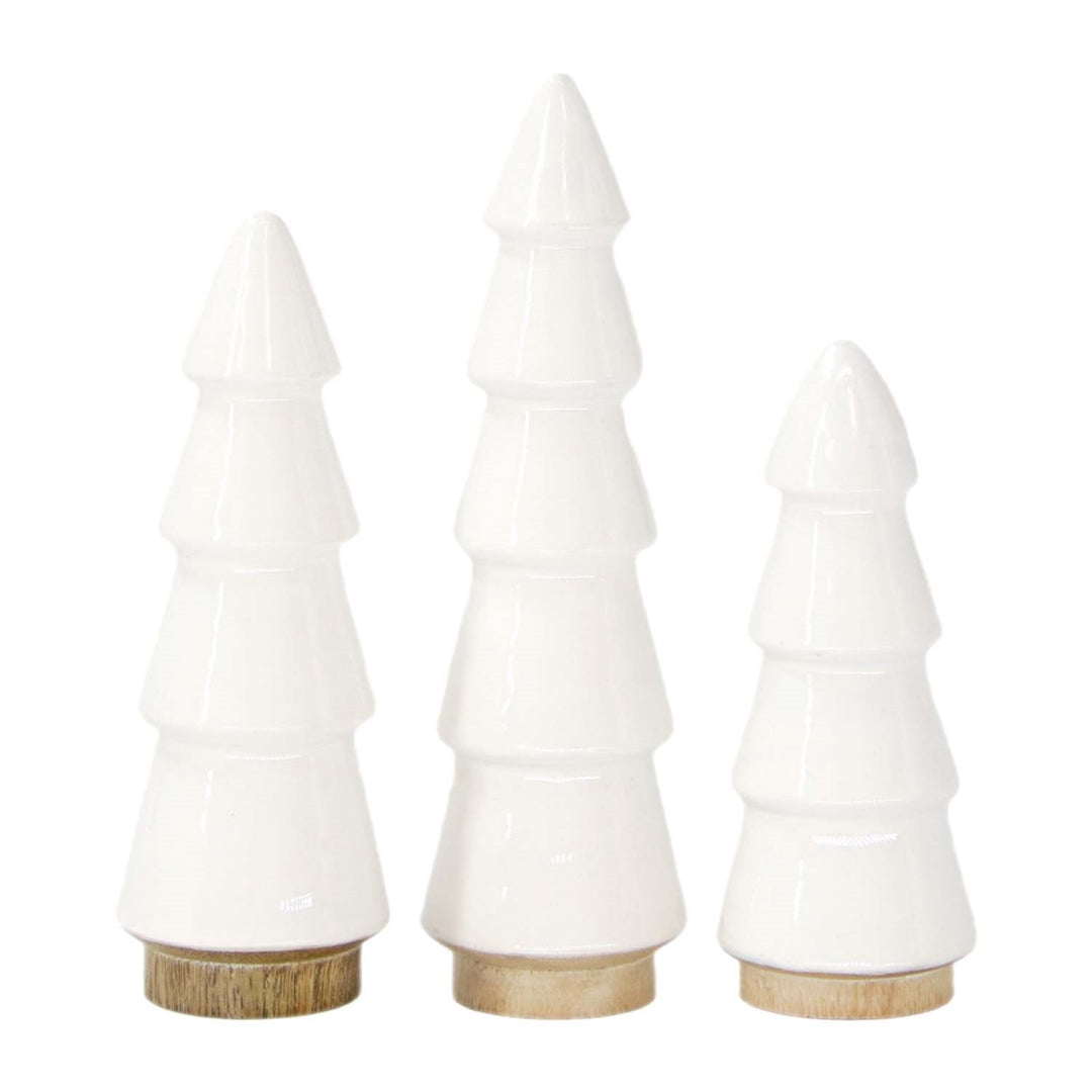 Set Of 3 Wood And White Enamel Christmas Trees