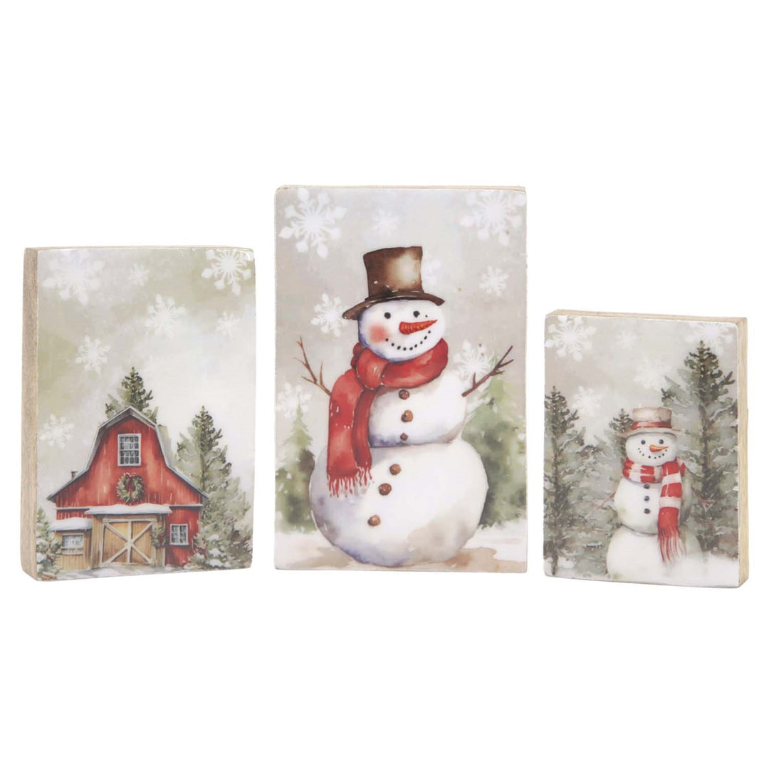 Set Of 3 Country Christmas And Snowmen Wood Blocks