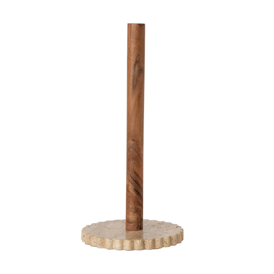 Wood Paper Towel Holder with Scalloped Travertine Base