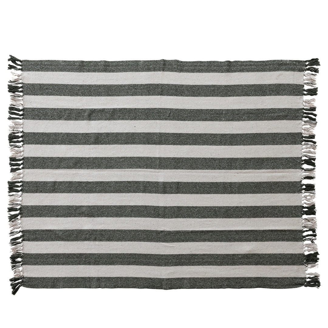 Woven Recycled Cotton Striped Throw with Fringe, Natural & Green