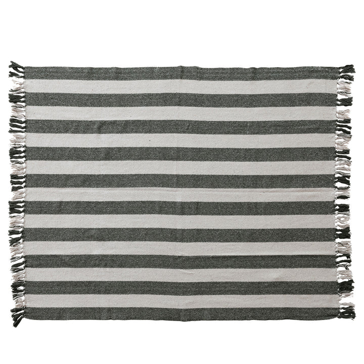 Woven Recycled Cotton Striped Throw with Fringe, Natural & Green