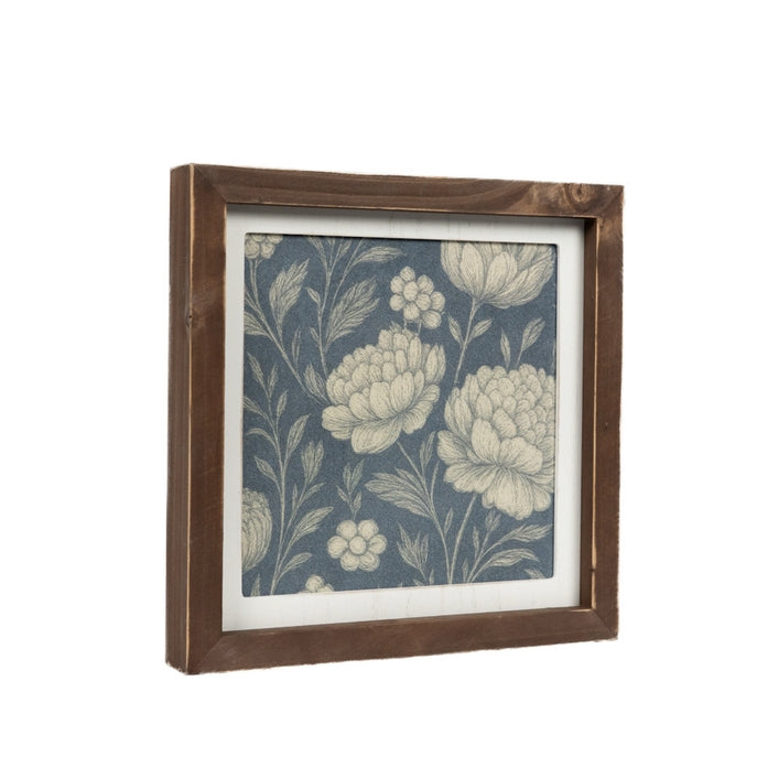 Orange Leaf Motif / Blue Floral Print Reversible Wood Frame Art
