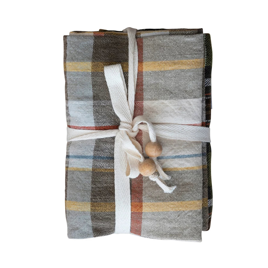 Cotton Printed Plaid Tea Towels with Beaded Tie - Set of 3