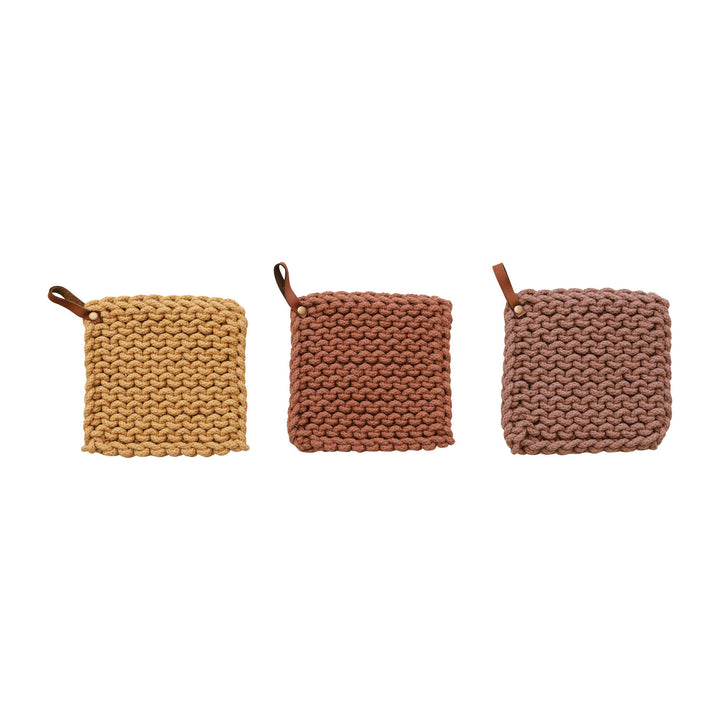 Square Cotton Crochet Pot Holder With Leather Loop, 3 Colors