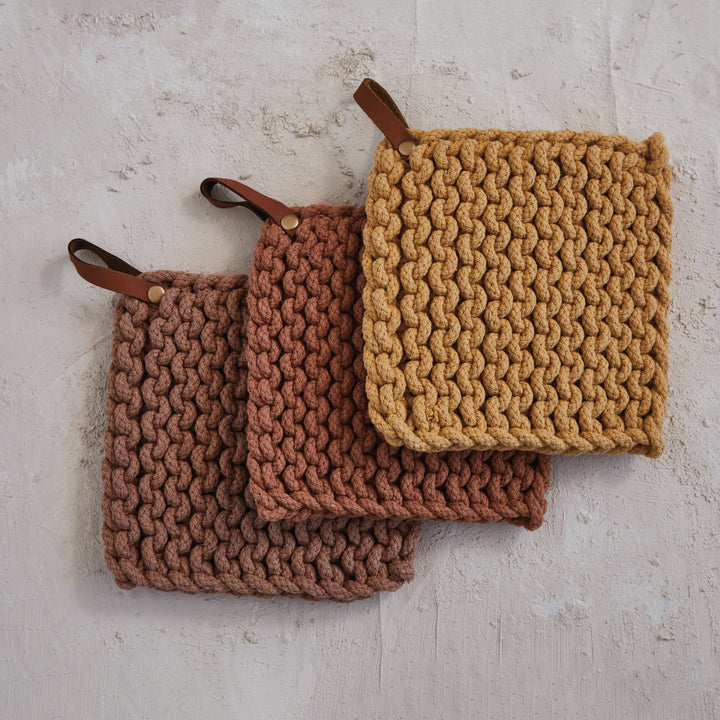 Square Cotton Crochet Pot Holder With Leather Loop, 3 Colors